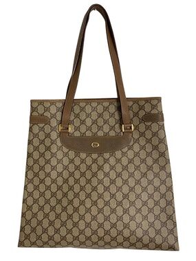 Authentic Gucci GG Supreme Coated Canvas Large Brown Tote Leather Trim Vintage